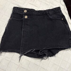 Zara Black Denim Skort with Frayed Hem